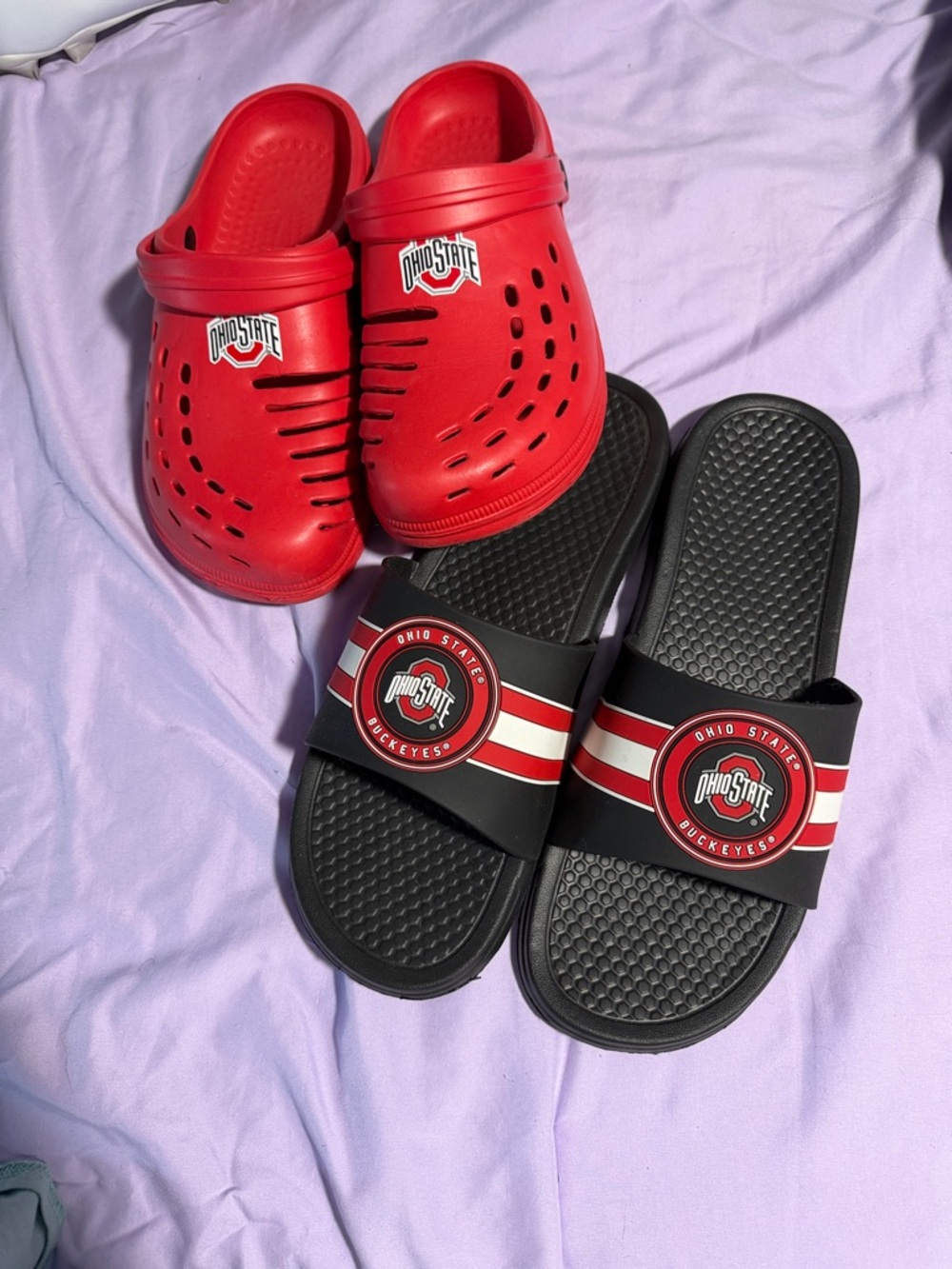 Ohio State Red Clogs and Black Slide Sandals